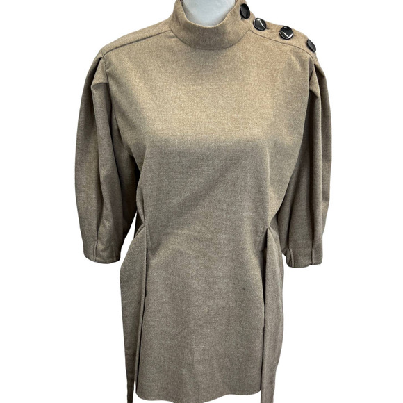 Zara Top Tan Size M Belt Tie Wool Blend Balloon Sleeve Mock Neck Buttons Blouse - Picture 5 of 11